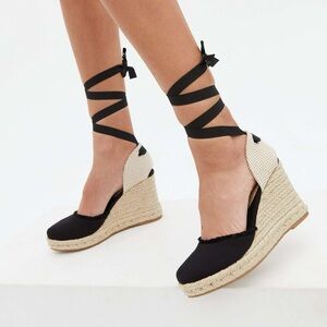 Black ankle tie espadrille wedges